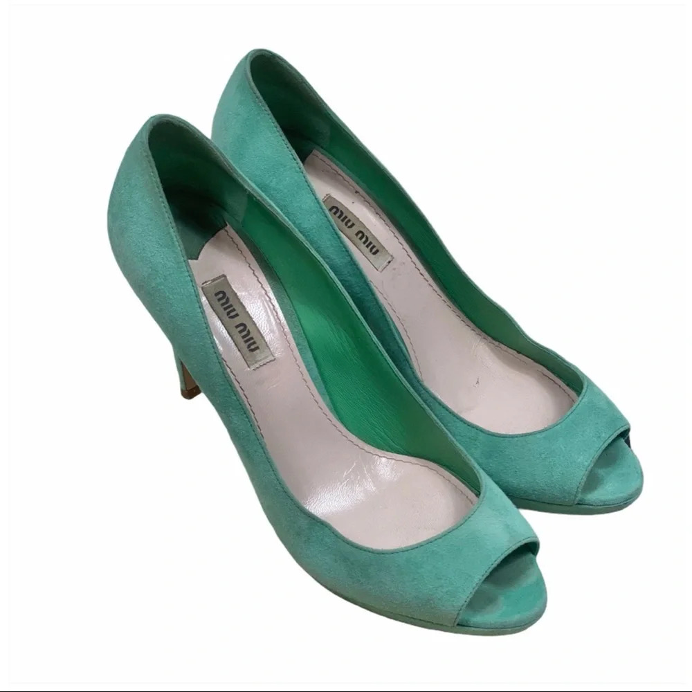 MIU MIU GUC Mint Green Suede Open Toe Pumps